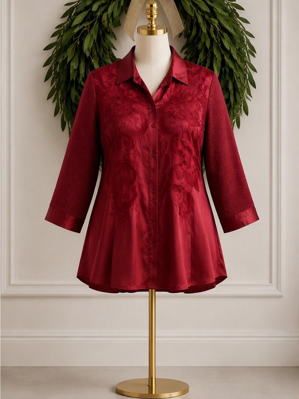 Chico’s Red Polyester Silky Satin 3/4 Sleeve Tunic Blouse Size 0 Size 4 Small - Picture 1 of 12